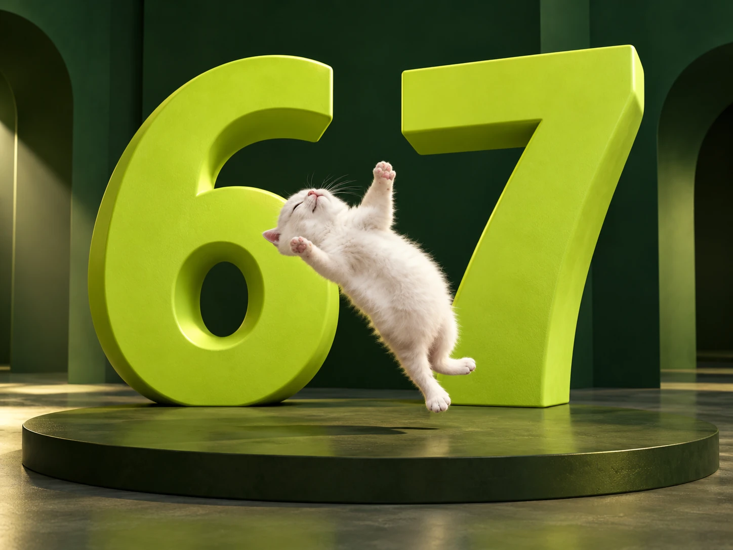 A dancing white kitten in front of monumental green 6 and 7 sculptures