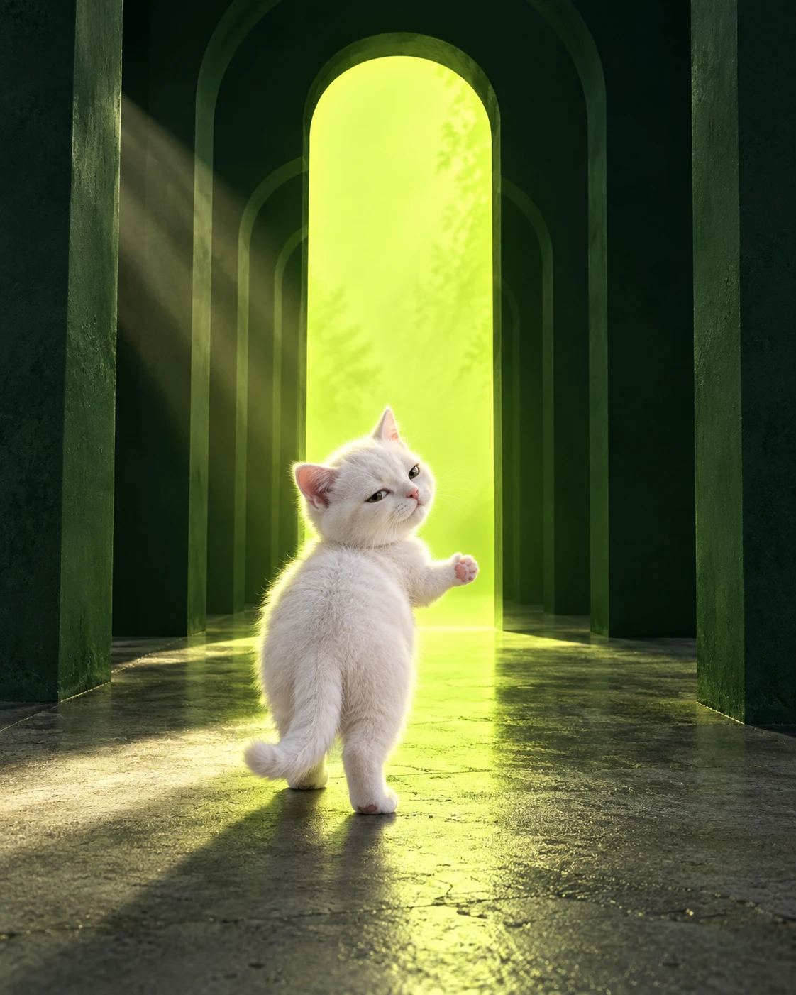 A white kitten inviting you through a lime doorway in a dark green corridor